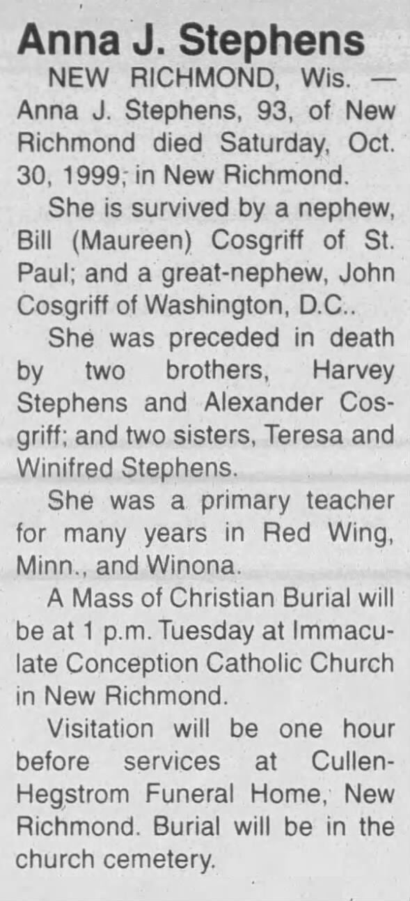 Obituary for Anna J. Stephens (Aged 93)